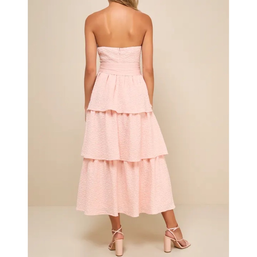 Lulus Truly Marvelous Pink Jacquard Strapless Tiered Midi Dress Bow Belt Size M - Picture 3 of 12